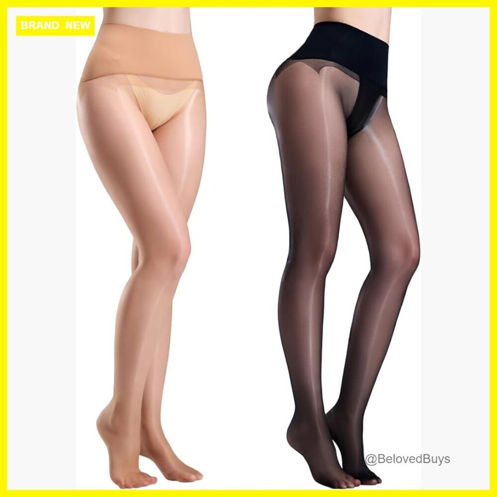 2 Pairs Seamless Shiny Pantyhose, 360° Seamless Sheer Tights, Silk Stockings